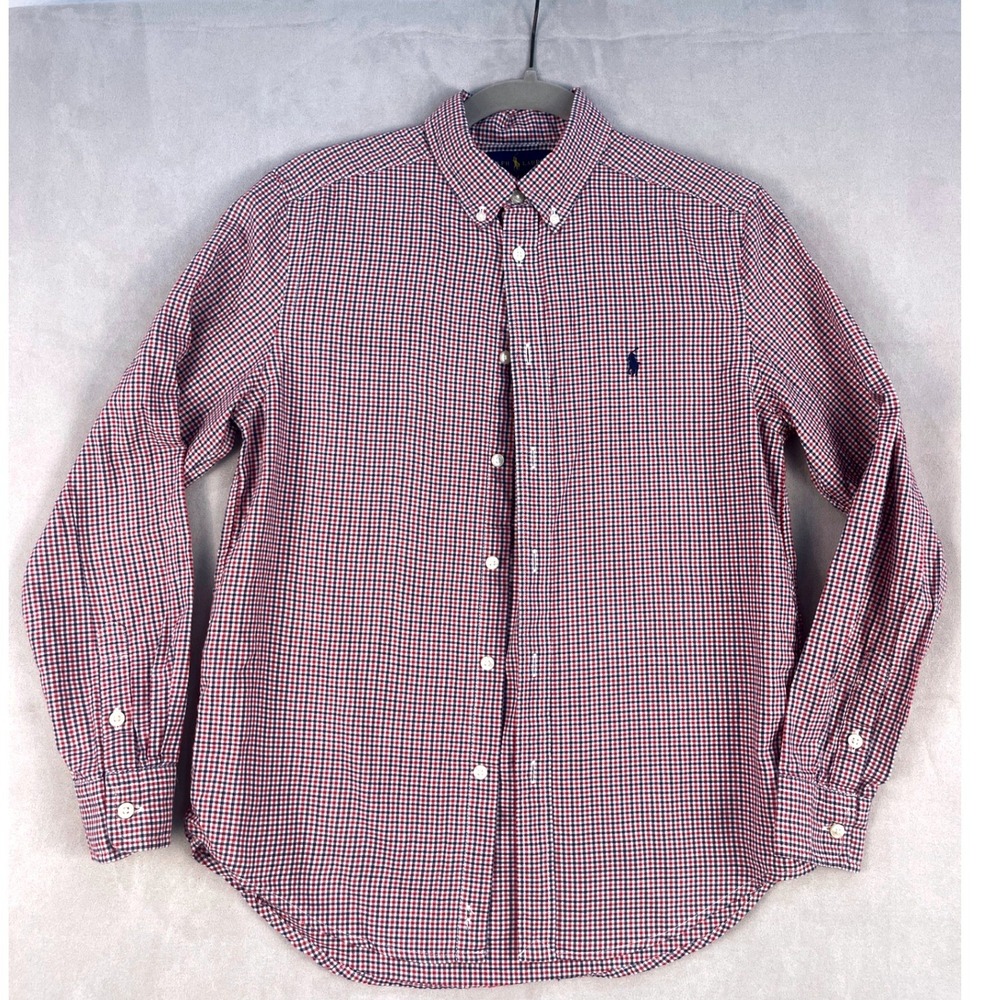 Ralph Lauren Boys Red Blue Gingham Button Down Shirt Large 14-16 Preppy Classic